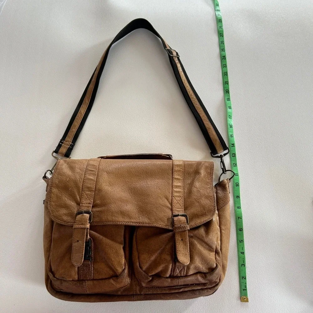 Unisex‎ Vintage Messenger Bag Tan Brown Distressed Leather Satchel Academic Boho